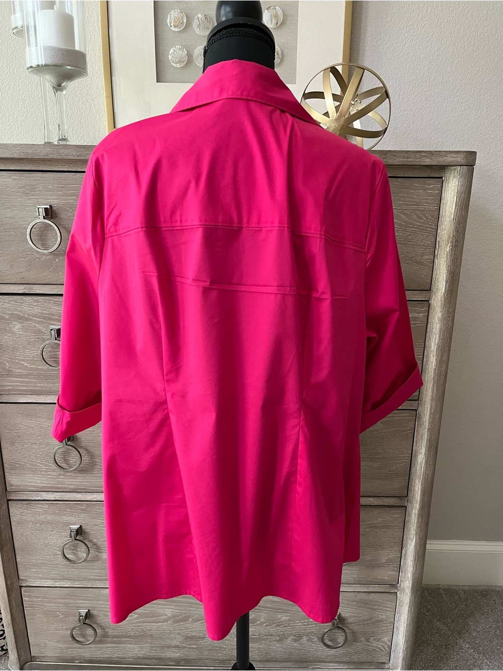 Just My Size 2X Hot Pink Fuscia V Neck Collared Blouse High Low 3/4 Sleeve Ties - Picture 3 of 8
